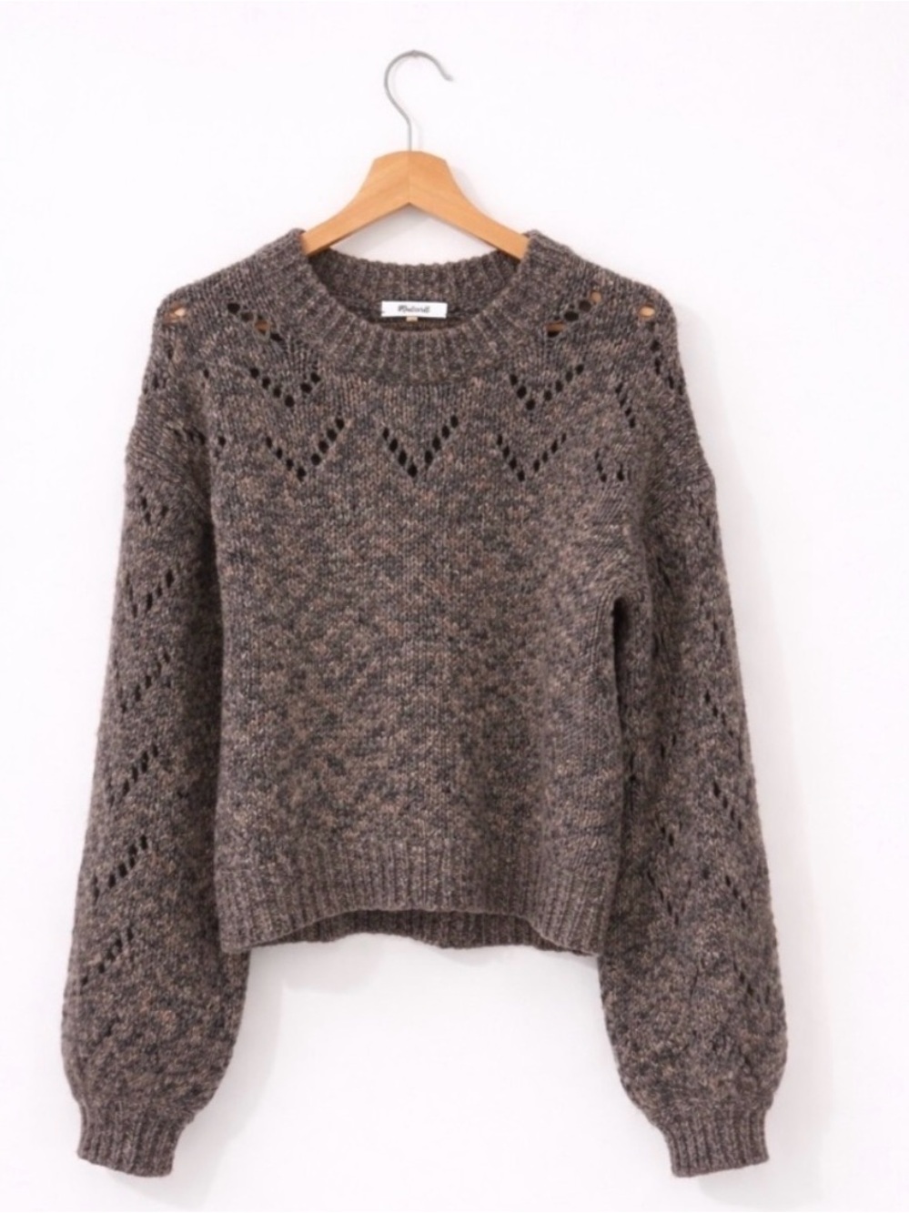 Madewell Pointelle Bubble-Sleeve Pullover Sweater Marled Rock Gray • Size Smal